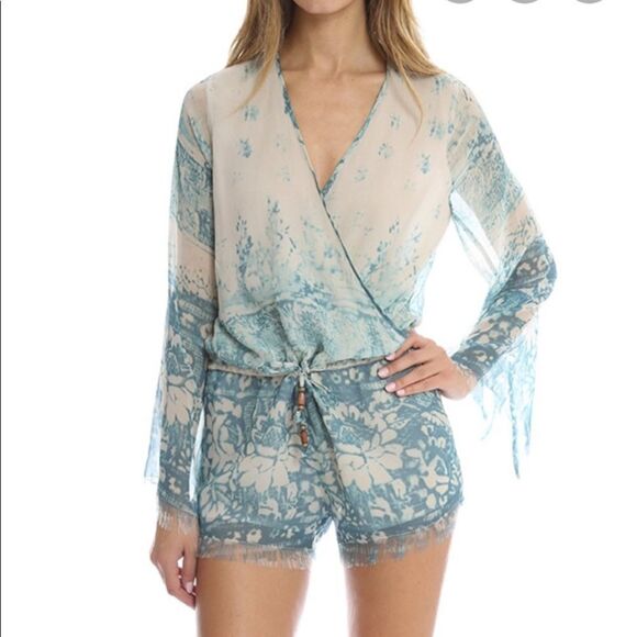 Chaser Boho Blue Silk Chiffon Floral Tapestry Bell Sleeve Fringe Romper - Picture 2 of 16
